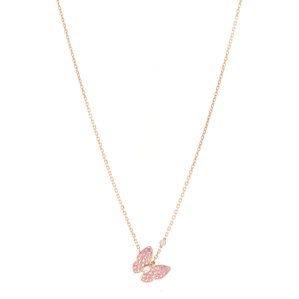 18K Rose Gold Diamond Pink Sapphire Two Butterfly Pendant Necklace