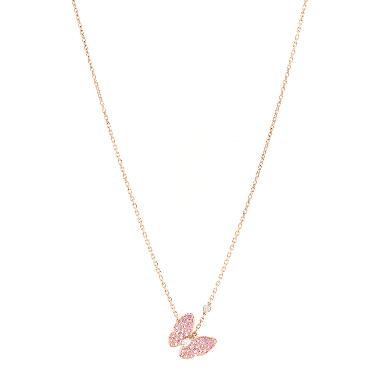 18K Rose Gold Diamond Pink Sapphire Two Butterfly Pendant Necklace