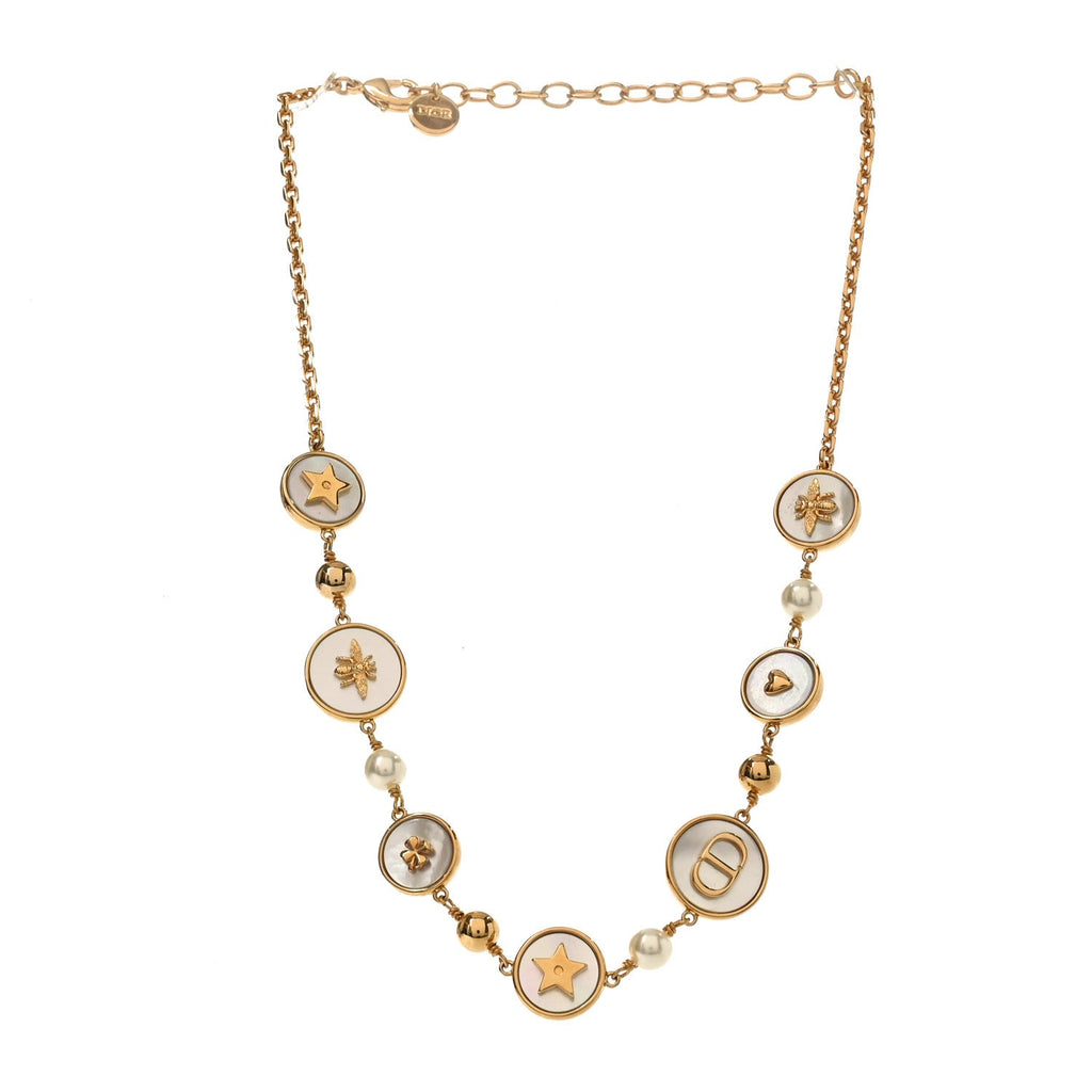 Metal Resin Pearl Mother of Pearl D-Luck Short Necklace Gold