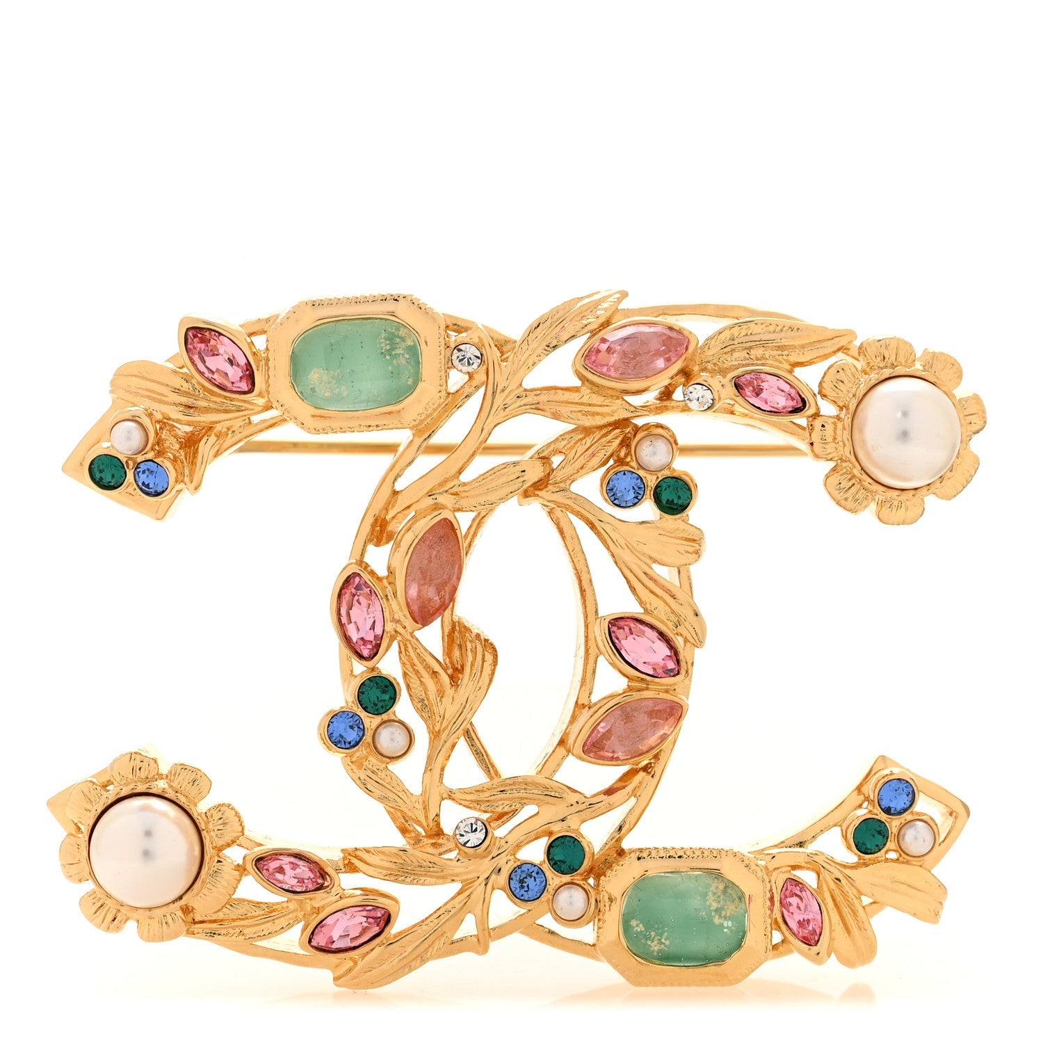 Crystal Pearl CC Leaf Brooch Gold Multicolor