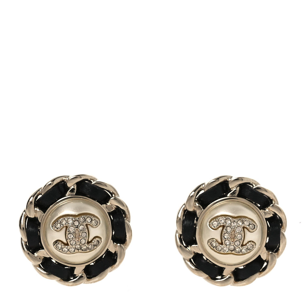 Pearl Crystal Lambskin CC Earrings Gold Black