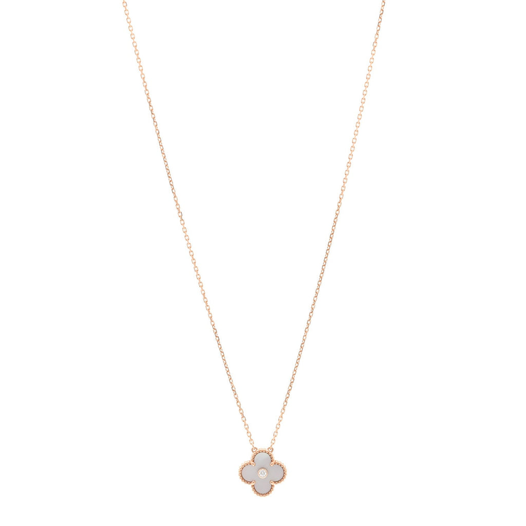 18K Rose Gold Diamond Pink Mother of Pearl Vintage Alhambra Pendant Necklace