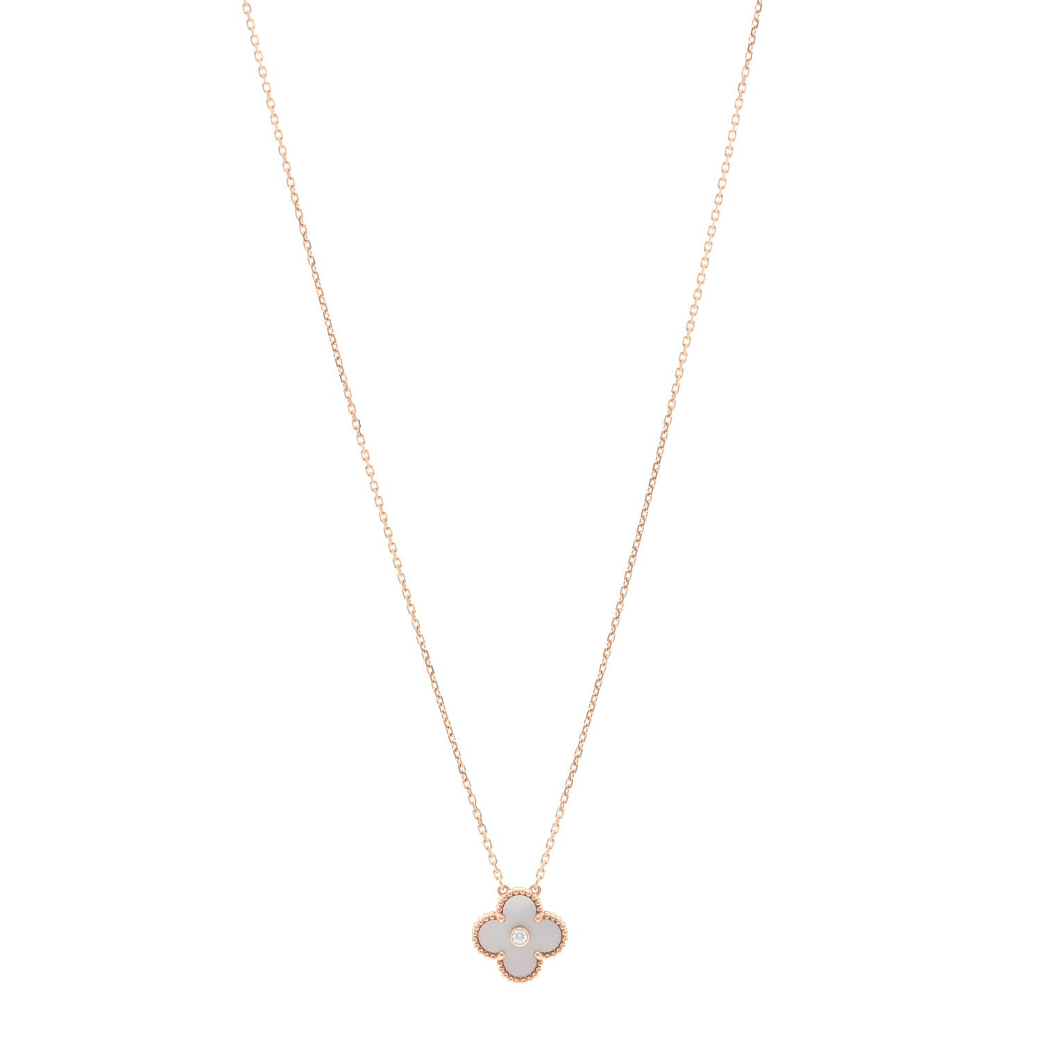 18K Rose Gold Diamond Pink Mother of Pearl Vintage Alhambra Pendant Necklace
