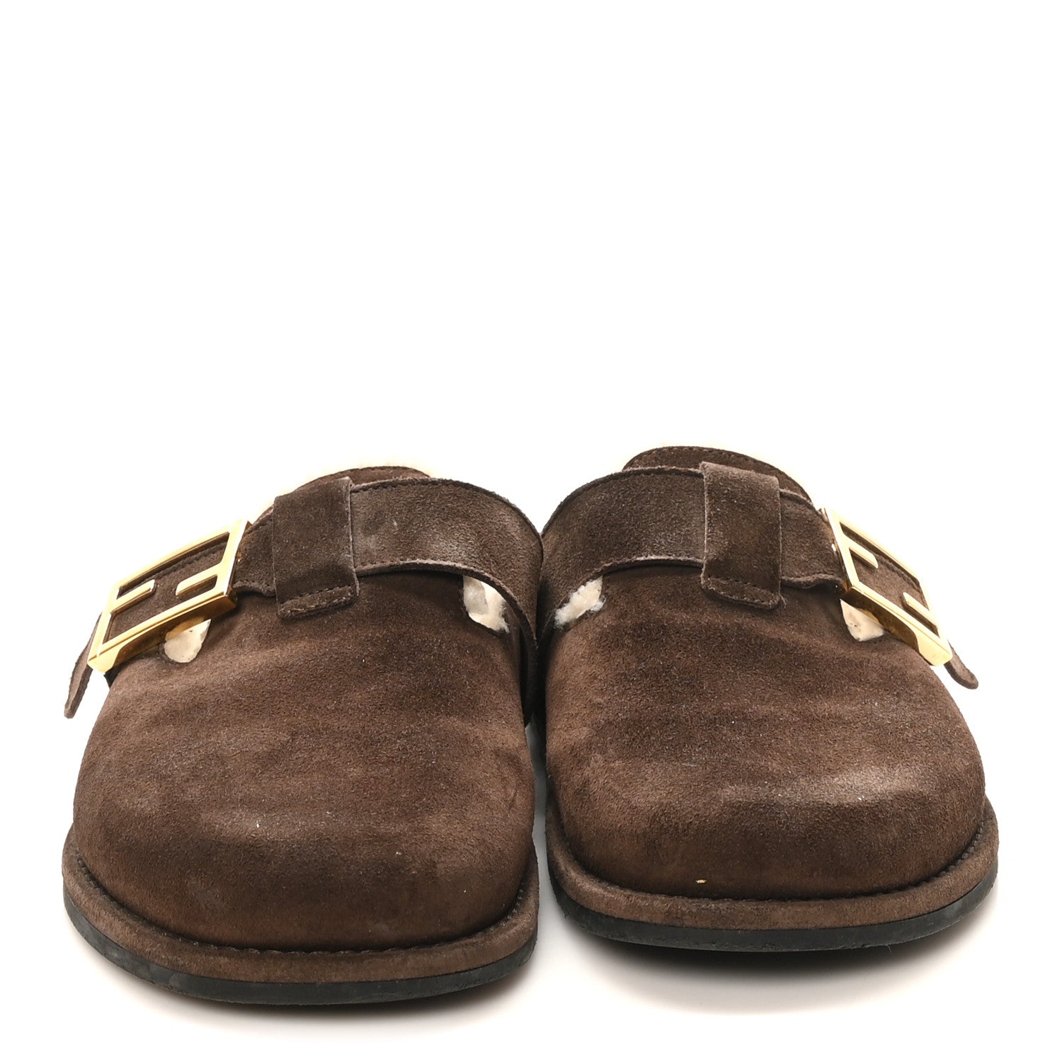 Suede Shearling Fendi Feel Buckled Clogs 36 Mogano Latte