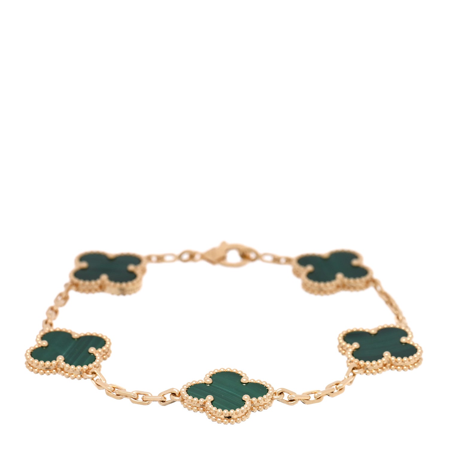 18K Yellow Gold Malachite 5 Motifs Vintage Alhambra Bracelet