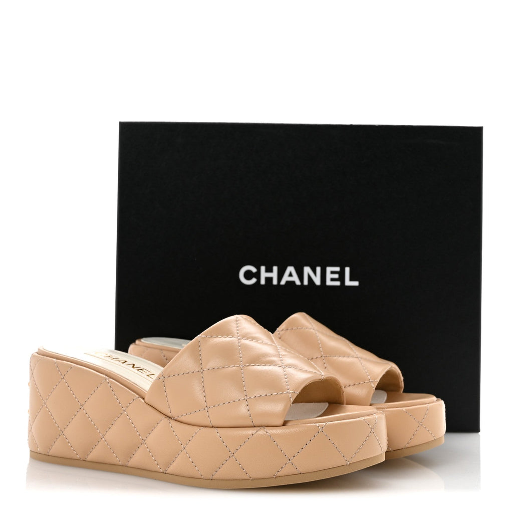 Lambskin Quilted Camelia CC Wedge Sandal Mules 39 Beige