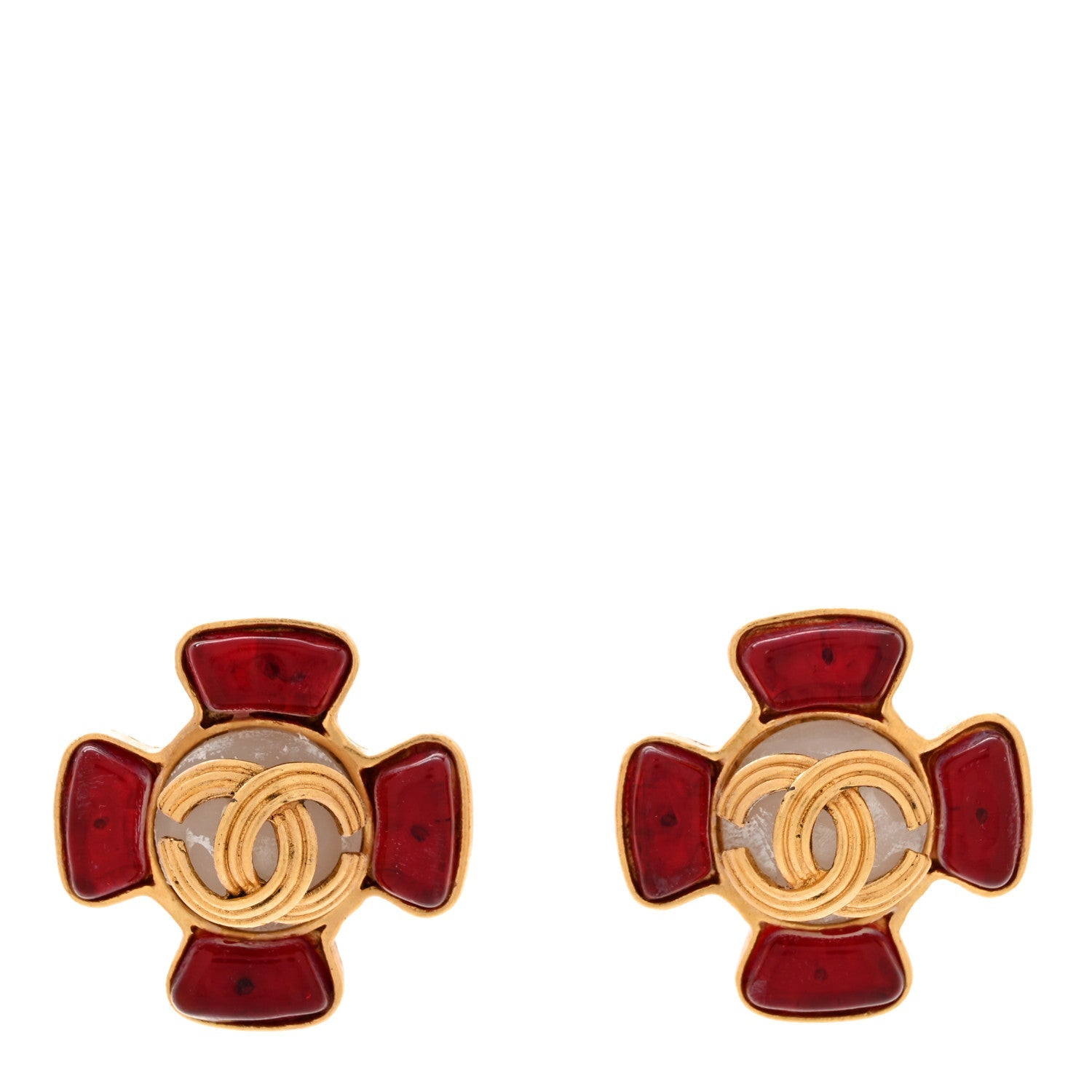 Metal Gripoix Clip On Earrings Gold Red