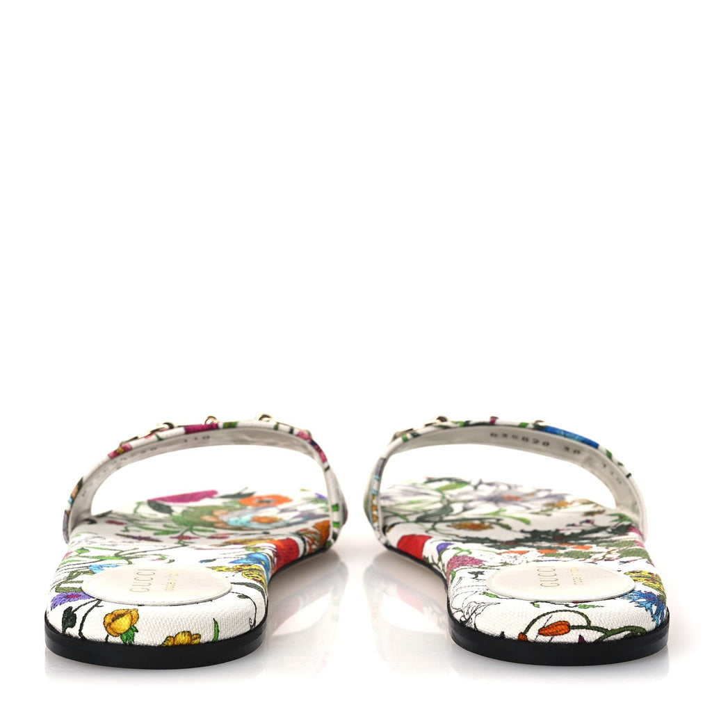 Canvas Flora Print Horsebit Slide Sandals 38 White