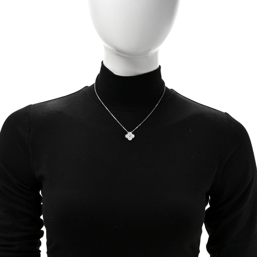 18K White Gold Diamond Vintage Alhambra Pendant Necklace