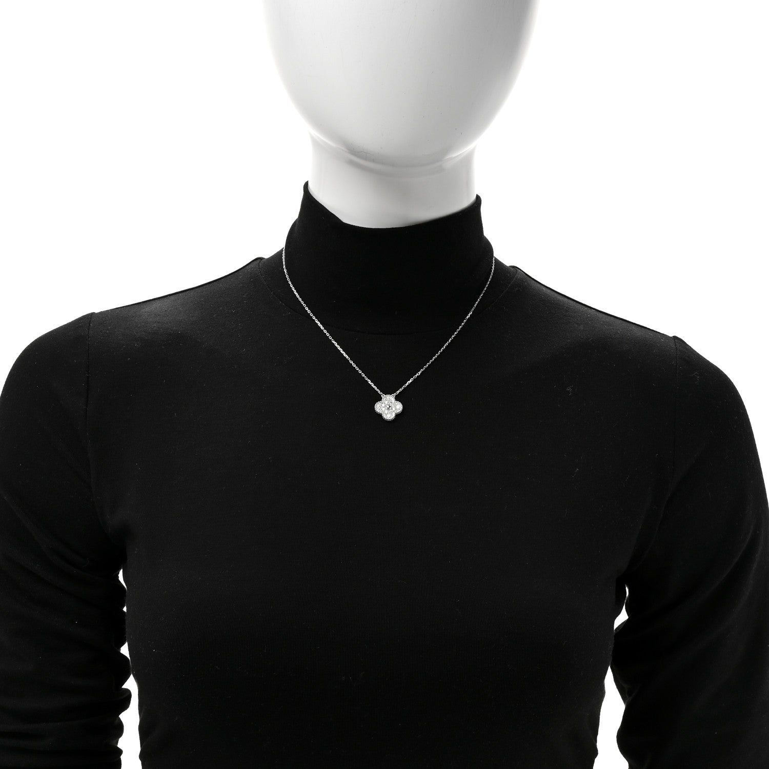 18K White Gold Diamond Vintage Alhambra Pendant Necklace