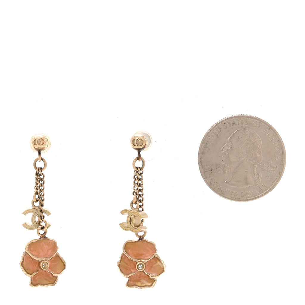Enamel Crystal CC Camellia Drop Earrings Pink Gold