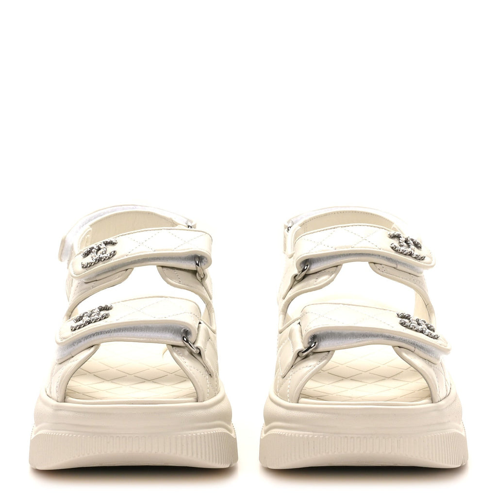 Shiny Calfskin Chain CC Velcro Dad Platform Sandals 39 White