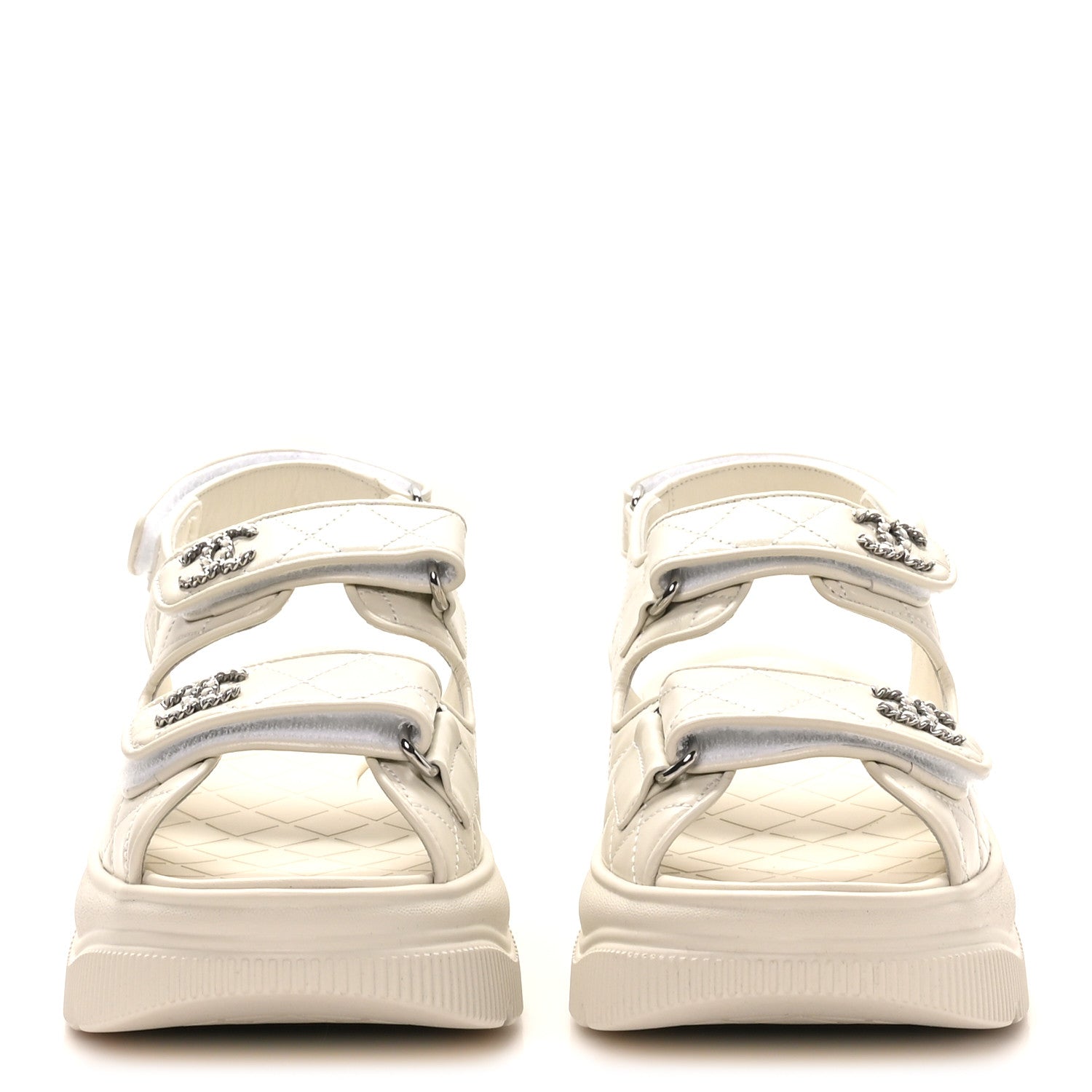 Shiny Calfskin Chain CC Velcro Dad Platform Sandals 39 White