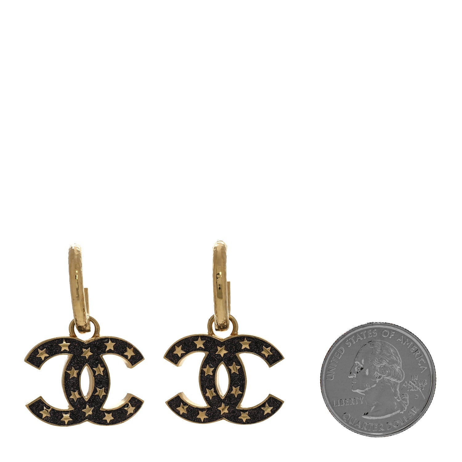 Metal Glitter Sparkle CC Star Drop Earrings Gold Black
