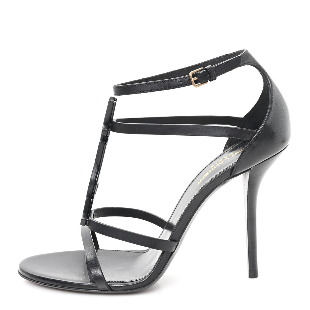 Calfskin Cassandra Palm Logo 110 Ankle Strap Sandals 40 Black