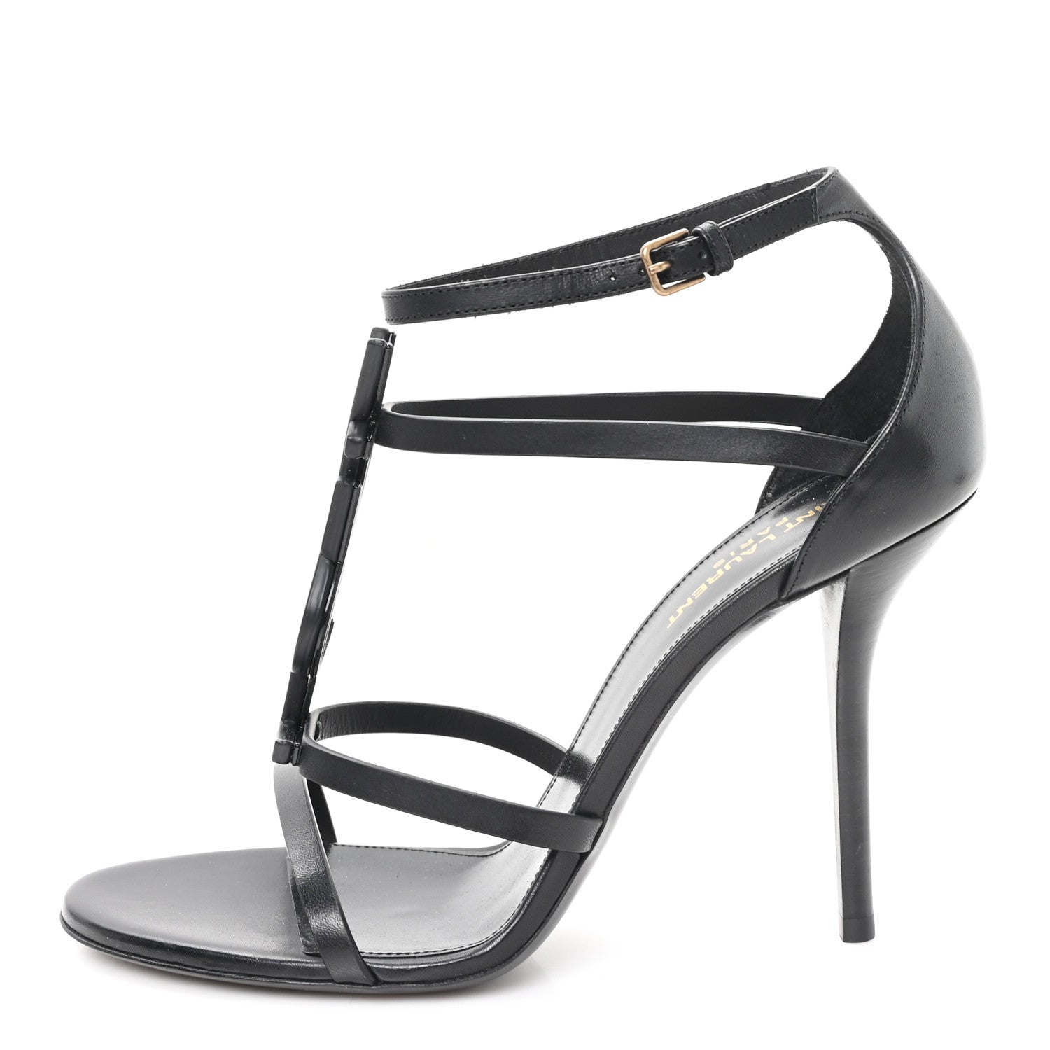Calfskin Cassandra Palm Logo 110 Ankle Strap Sandals 40 Black