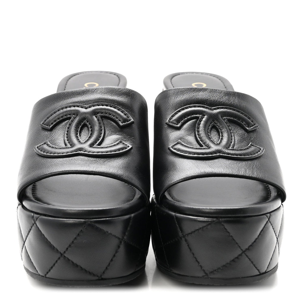 Lambskin Quilted CC Platform Mules 37.5 Black