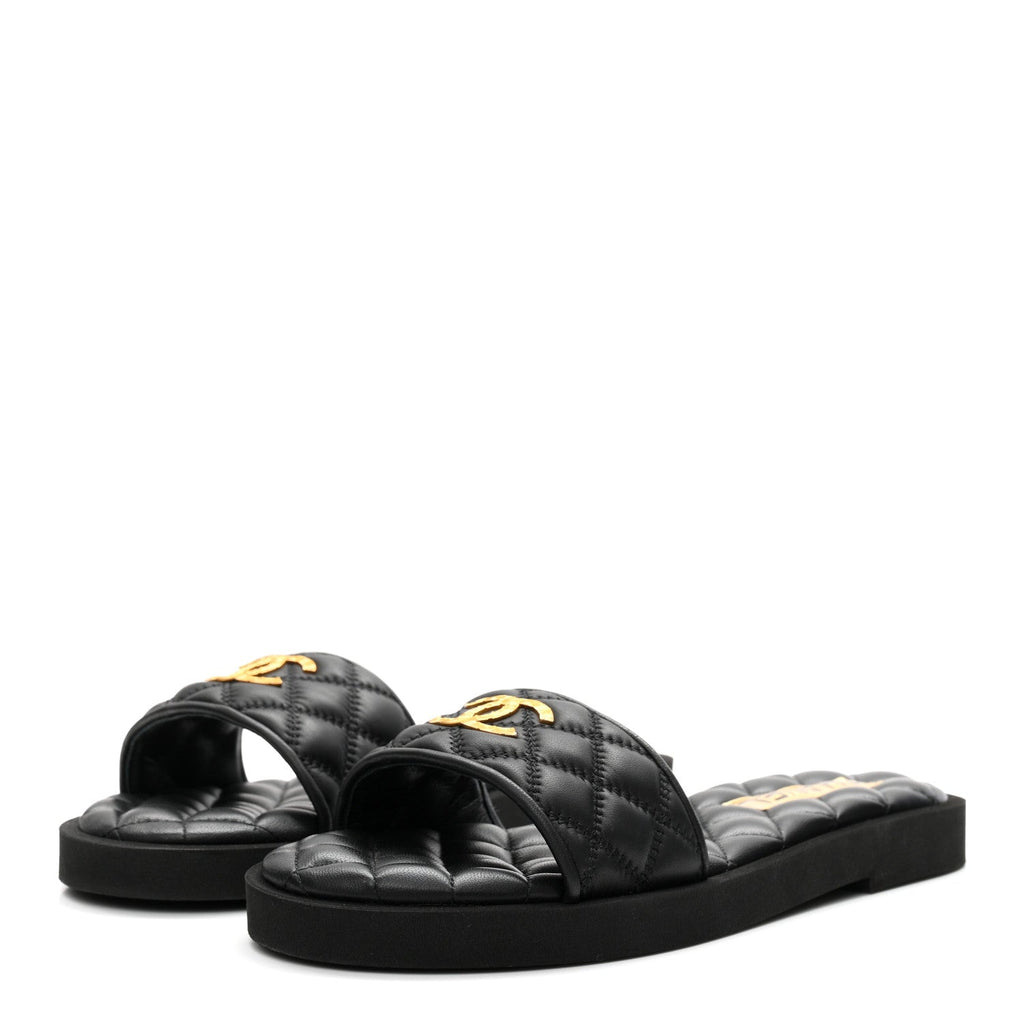 Lambskin Quilted Textured CC Mules Sandals 38.5 Black
