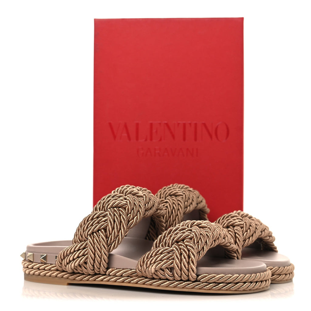 Calfskin Silk Woven Rockstud Torchon 5mm Sandals 36 Poudre