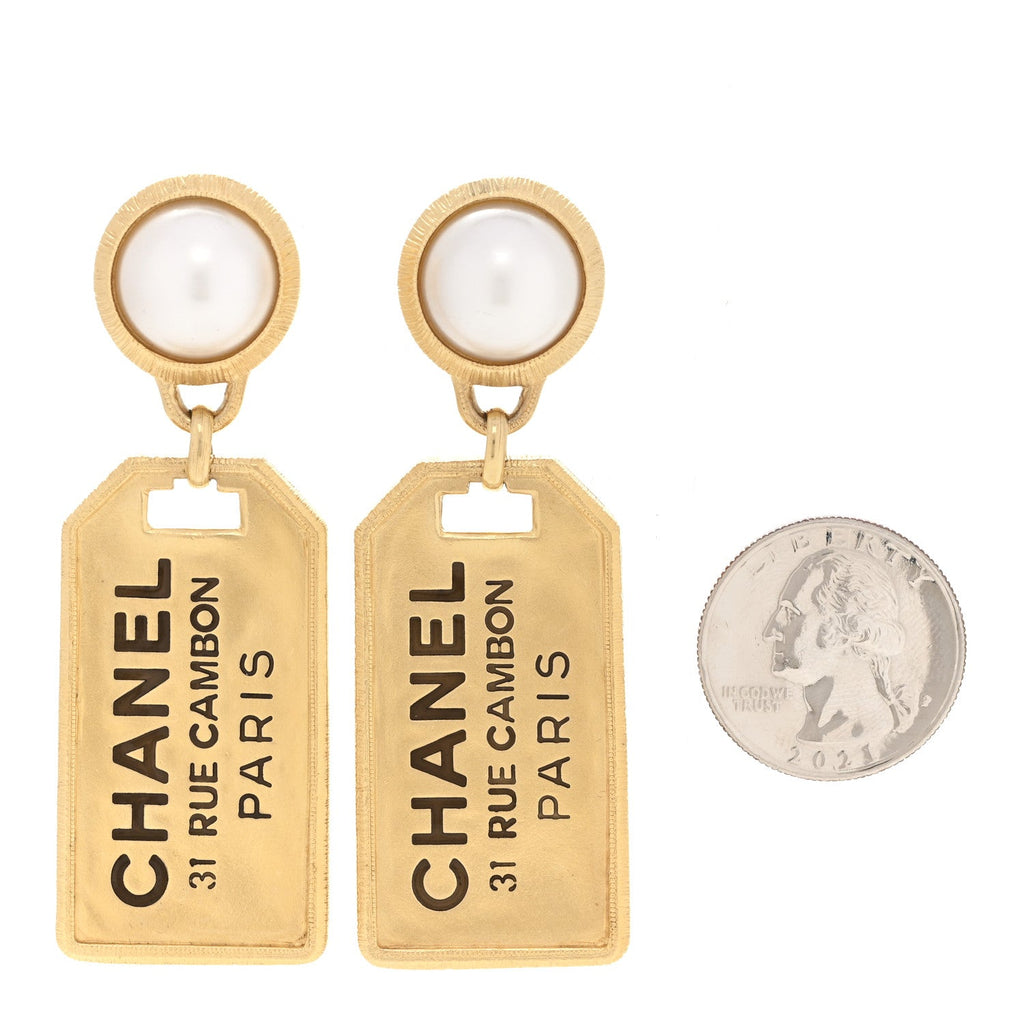 Pearl CC Tags Drop Earrings Gold
