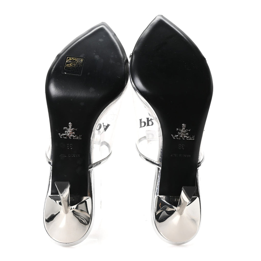 Plexiglass Metallic Calfskin Metal Triangle Logo 75mm Slide Sandals 38 Argento