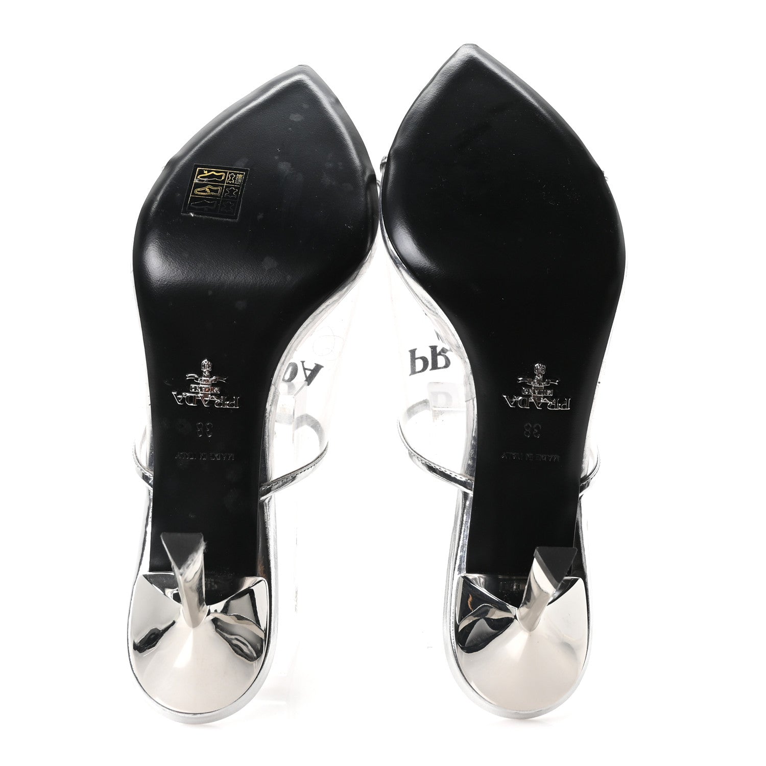 Plexiglass Metallic Calfskin Metal Triangle Logo 75mm Slide Sandals 38 Argento