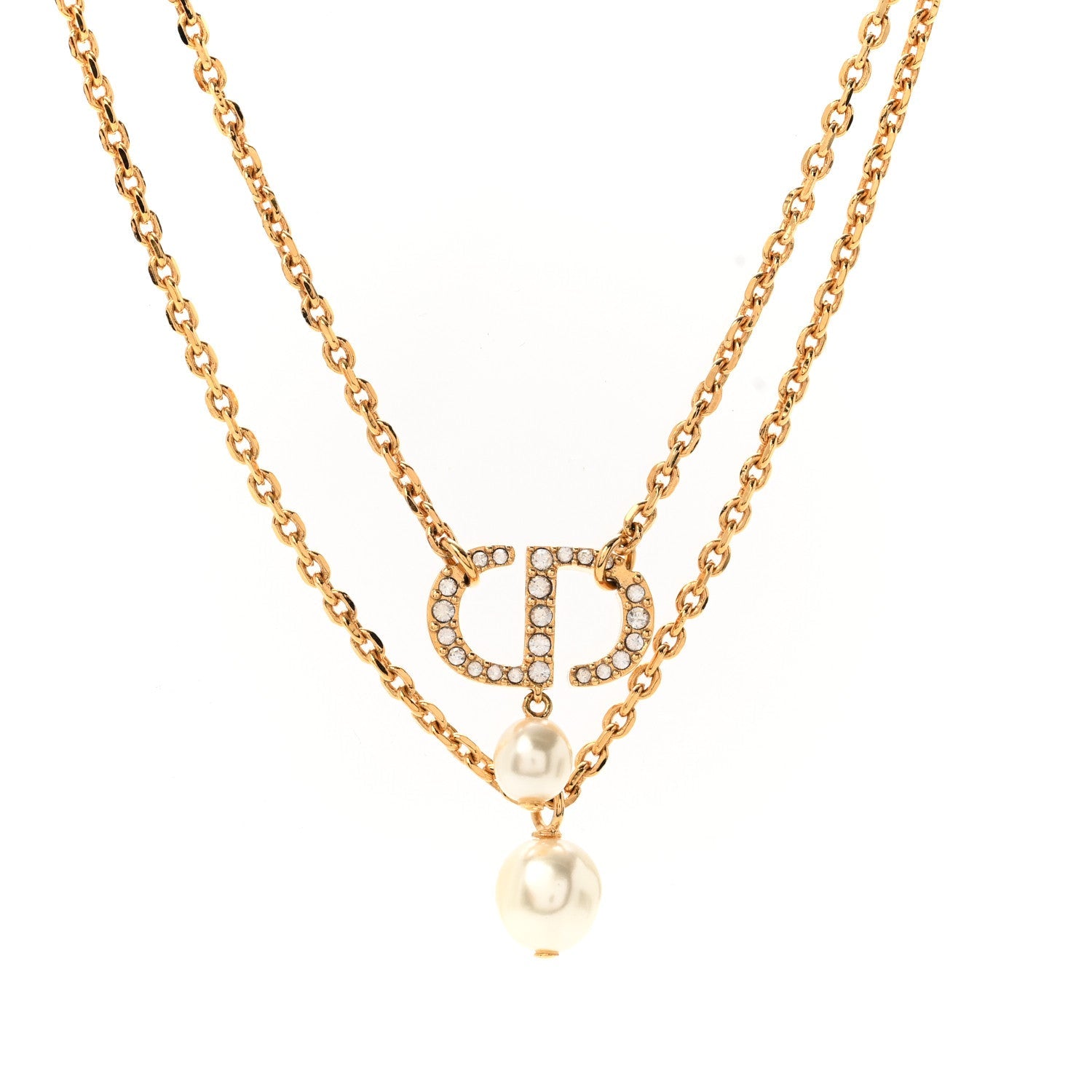 Crystal Pearl CD Drop Necklace Gold