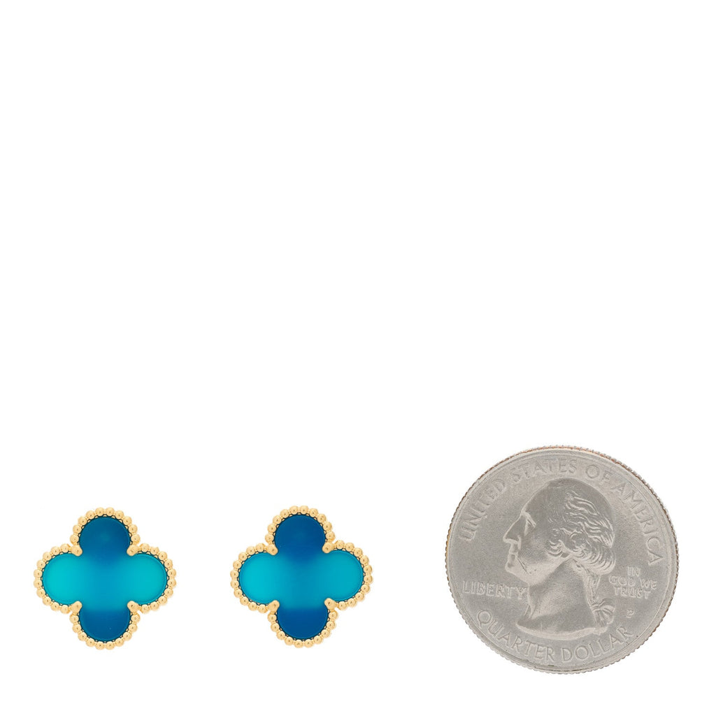 18K Yellow Gold Blue Agate Vintage Alhambra Earrings