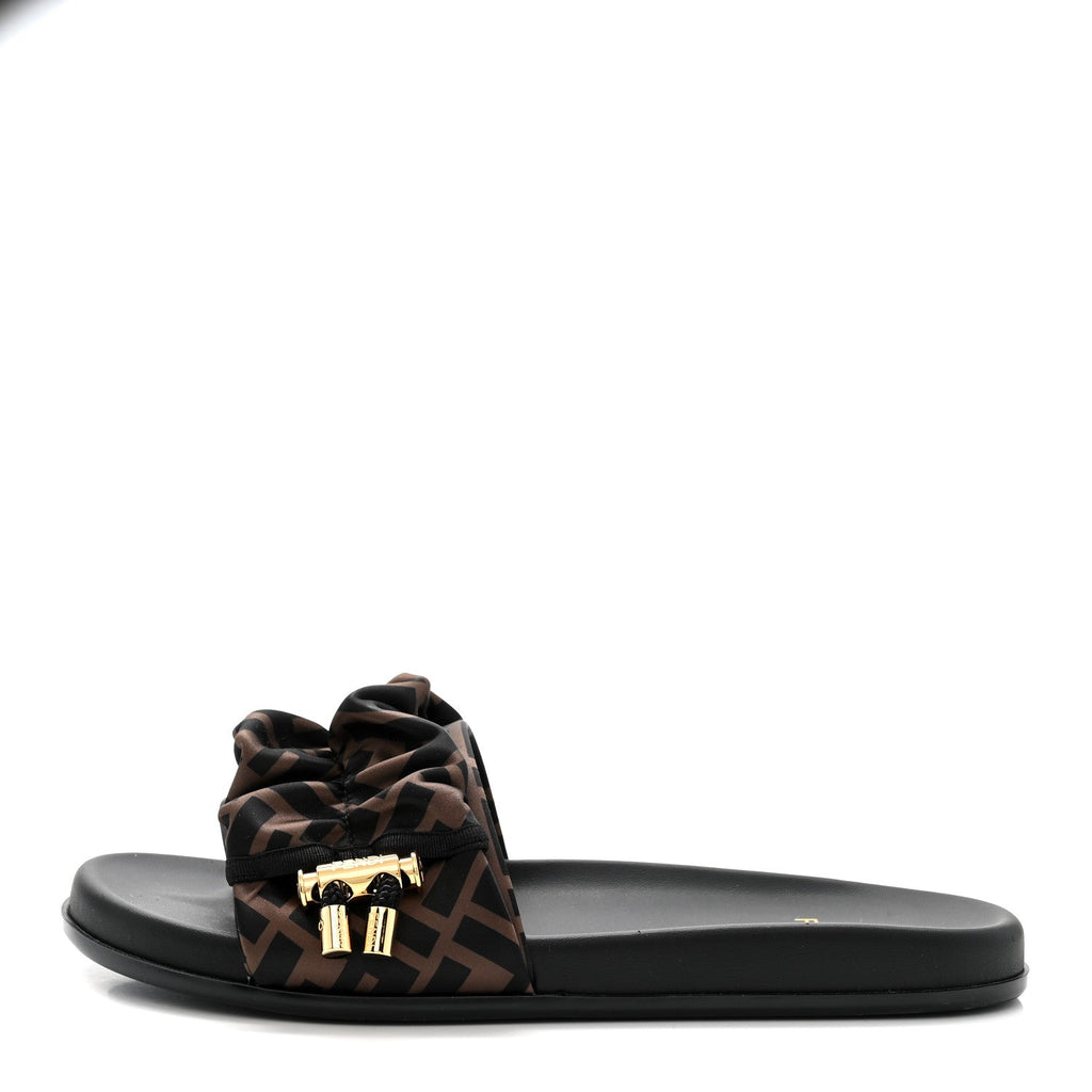 Satin FF Fendi Feel Slide Sandals 38 Tobacco Black