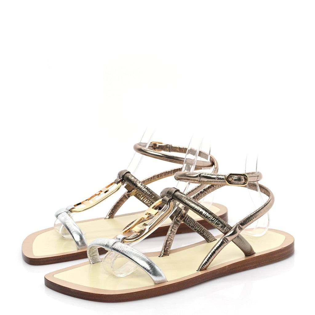 Metallic Nappa Fendi O'Lock Gladiator Flat Sandals 36 Argento Stagno Champagne