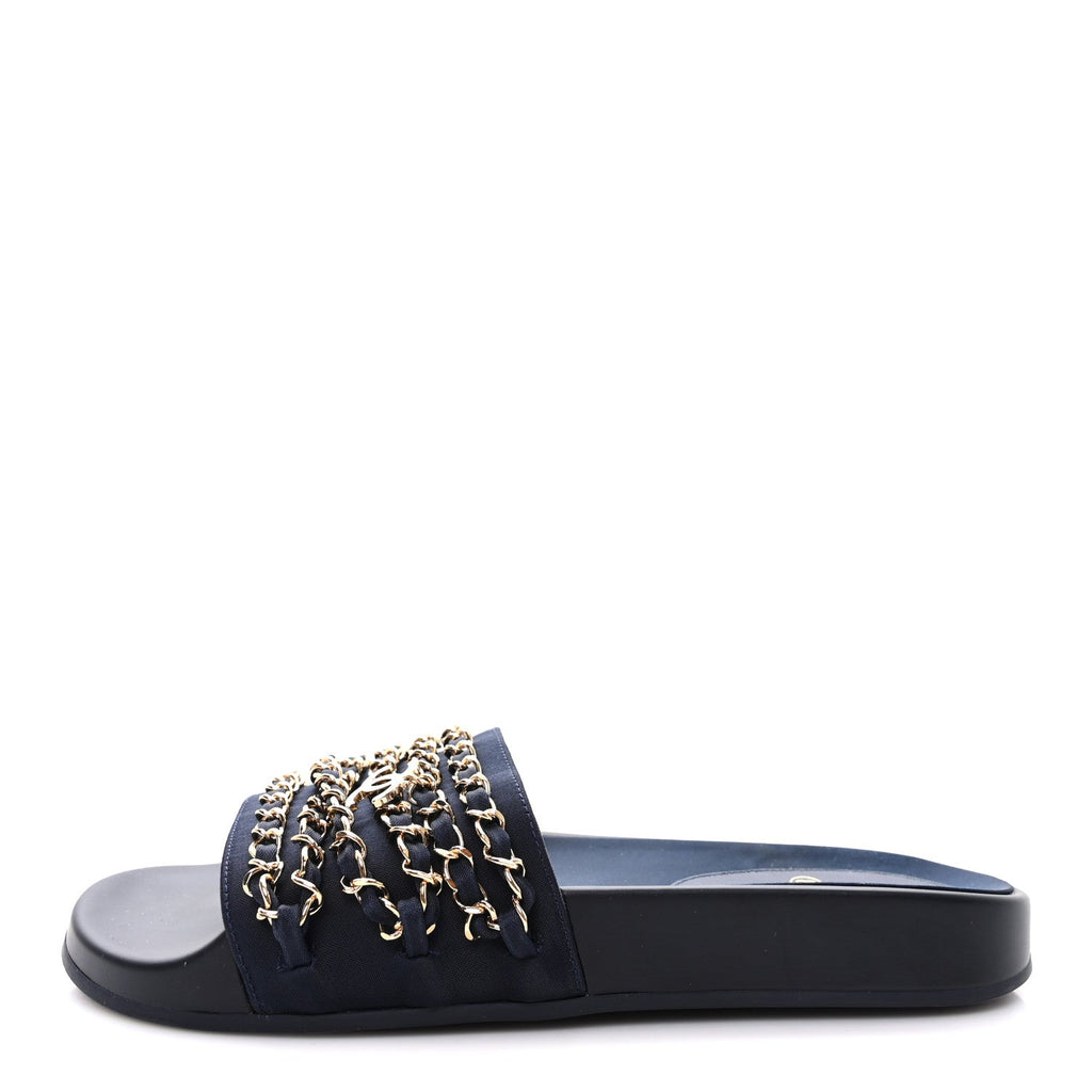 Satin Canvas Chain Slides Sandals Flats 38 Marine