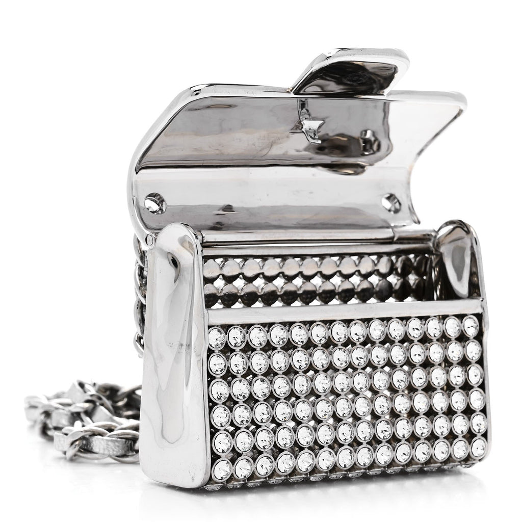 Metal Lambskin Strass Crystal Purse CC Long Necklace Silver