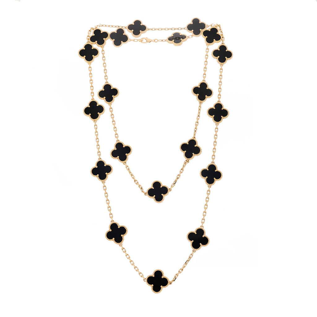18K Yellow Gold Black Onyx 20 Motifs Vintage Alhambra Necklace