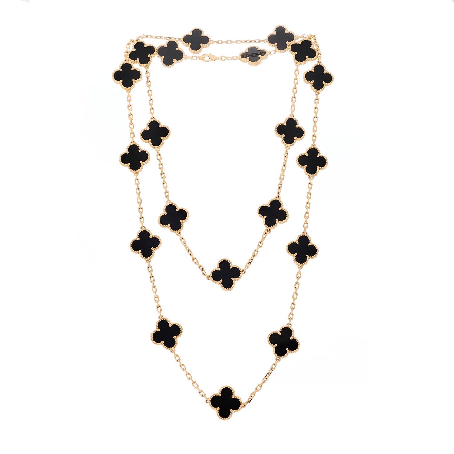 18K Yellow Gold Black Onyx 20 Motifs Vintage Alhambra Necklace