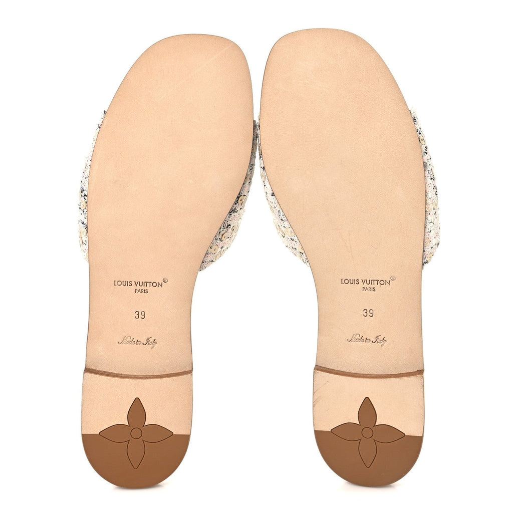 Tweed Sequin LV Mare Flat Mule Sandals 39 Light Gold