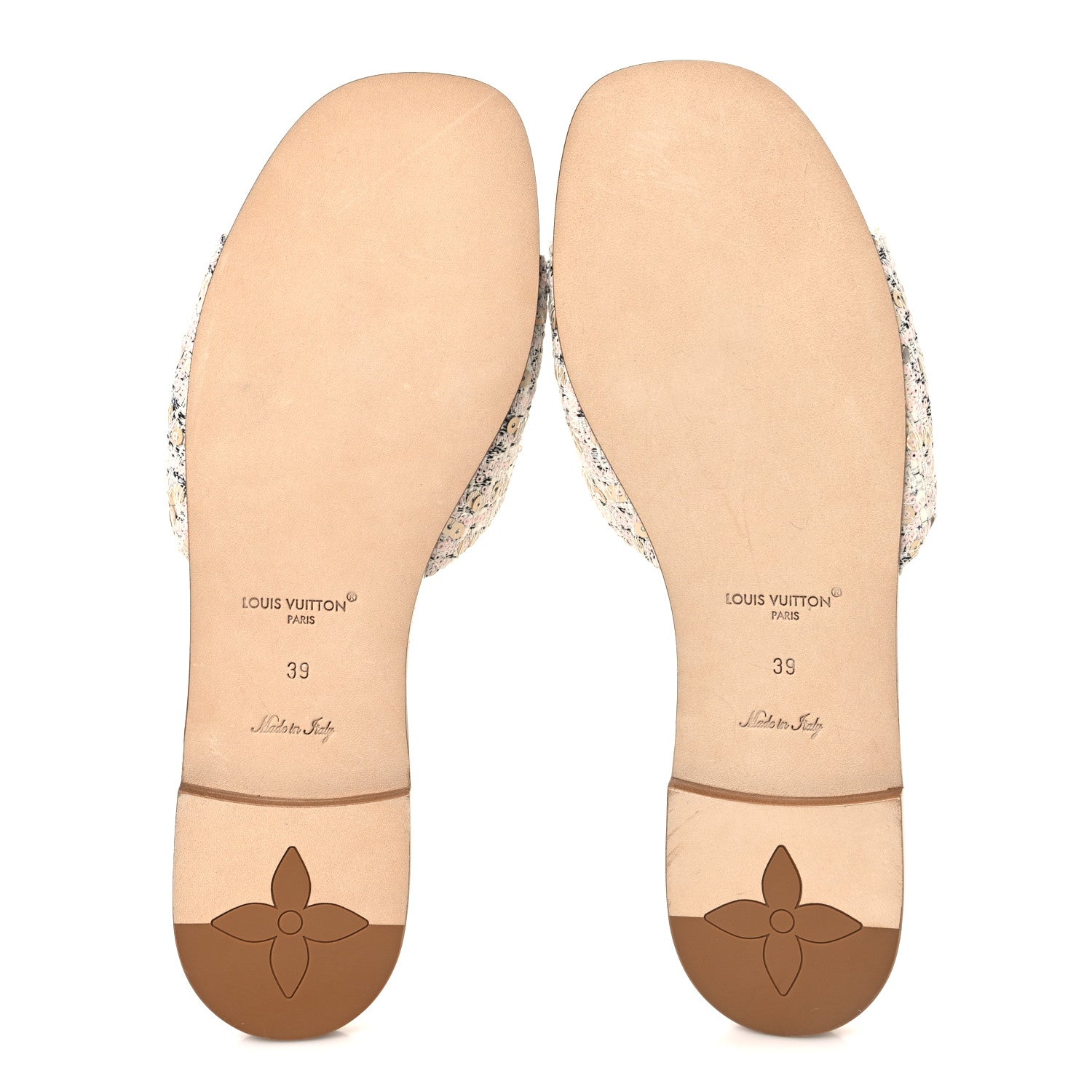 Tweed Sequin LV Mare Flat Mule Sandals 39 Light Gold