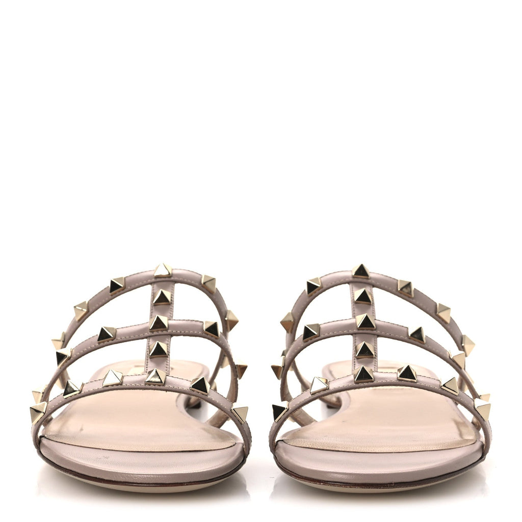 Calfskin Rockstud Caged Flat Slide Sandals 37.5 Poudre