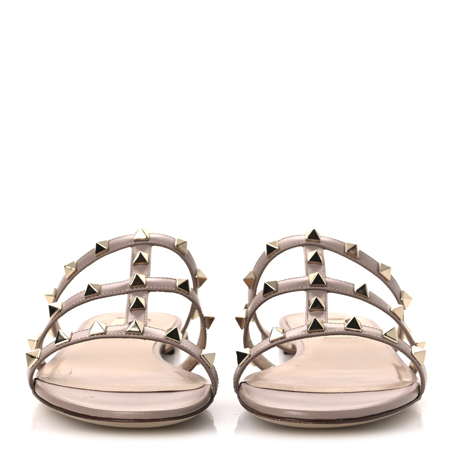 Calfskin Rockstud Caged Flat Slide Sandals 37.5 Poudre