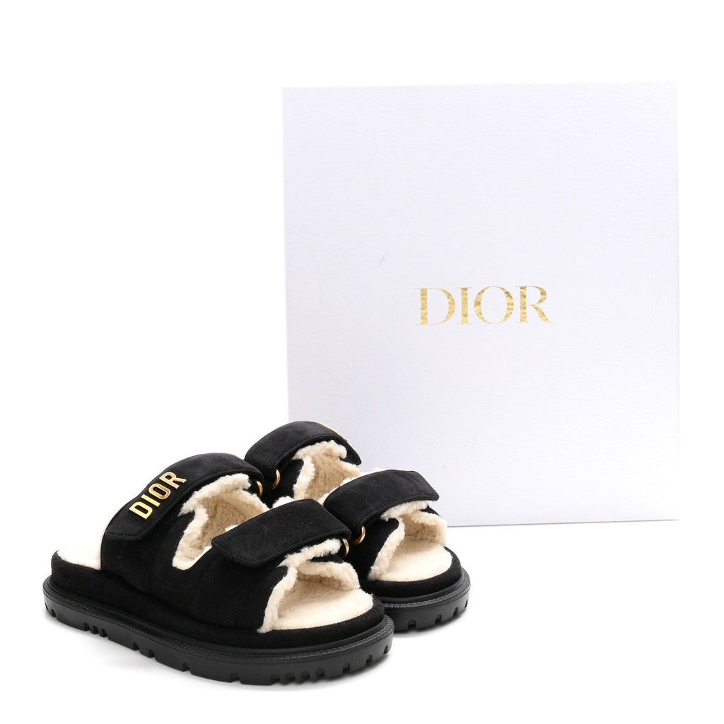 Suede Goatskin Shearling Effect Dioract 10mm Slide Sandals 35.5 Black