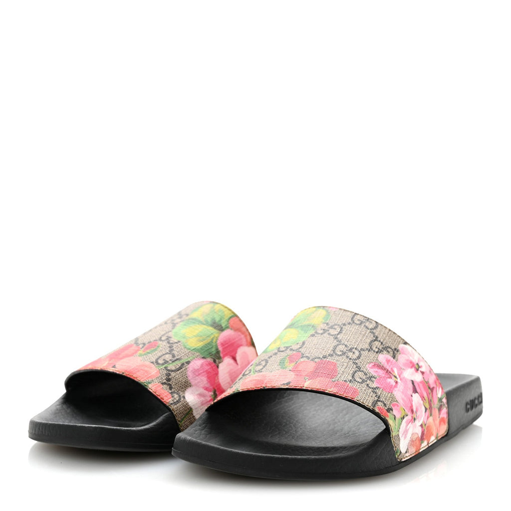 GG Supreme Monogram Blooms Slide Sandals 37 Beige Multicolor