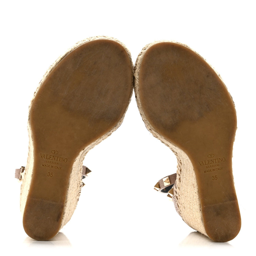 Grained Calfskin Rockstud Ankle Strap Espadrille 15/105mm Wedge Sandals 35 Rose Quartz Natural