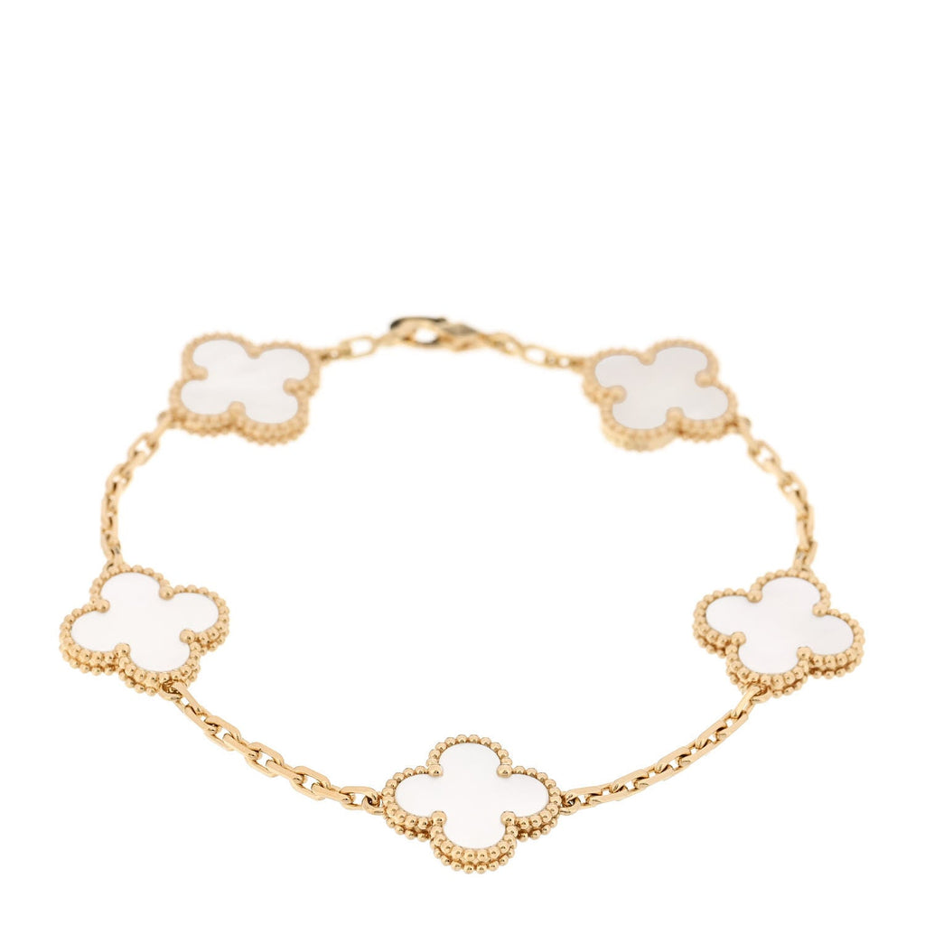 18K Yellow Gold Mother of Pearl 5 Motifs Vintage Alhambra Bracelet