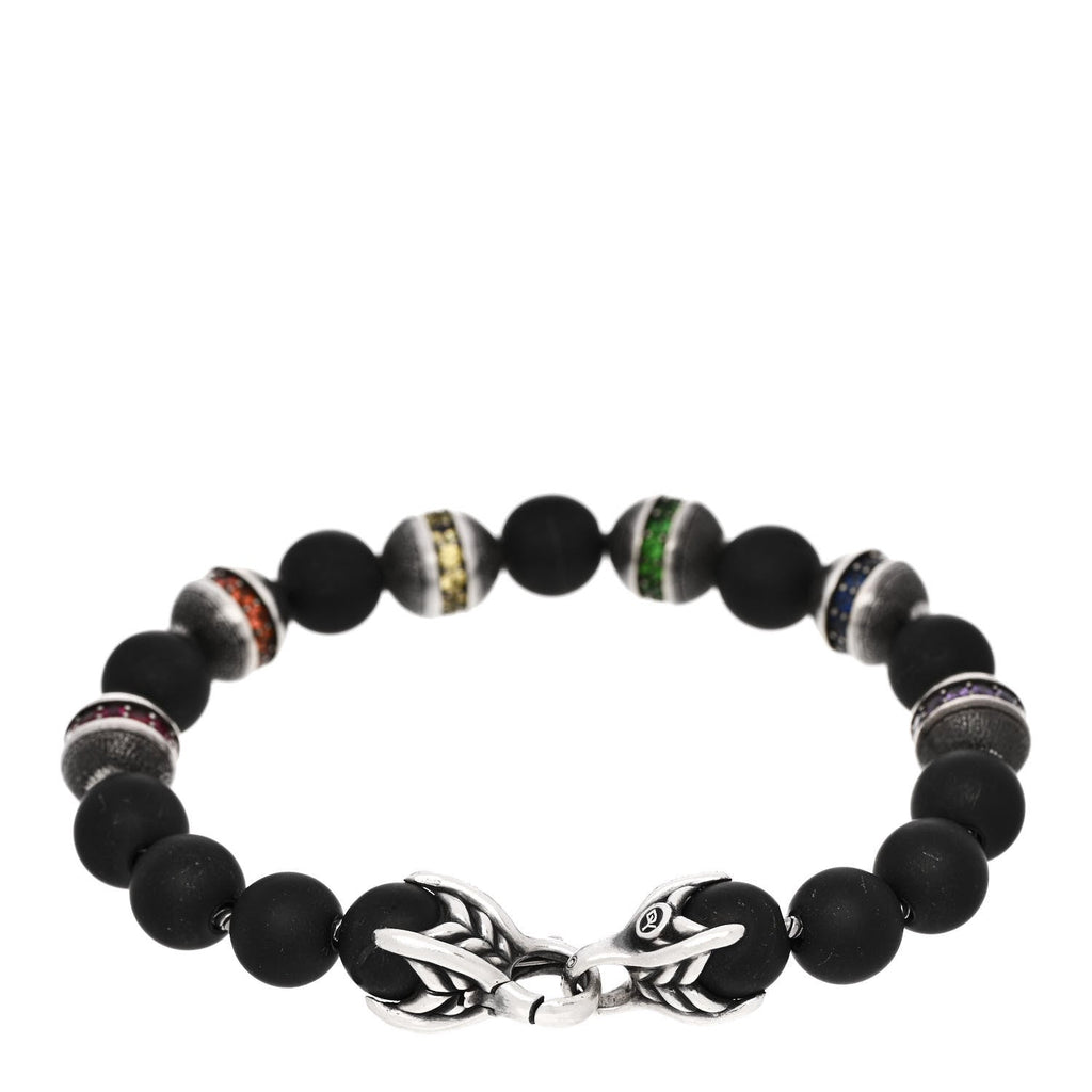 Sterling Silver Black Onyx Sapphire Tsavorite 8mm Spiritual Beads Rainbow Bracelet