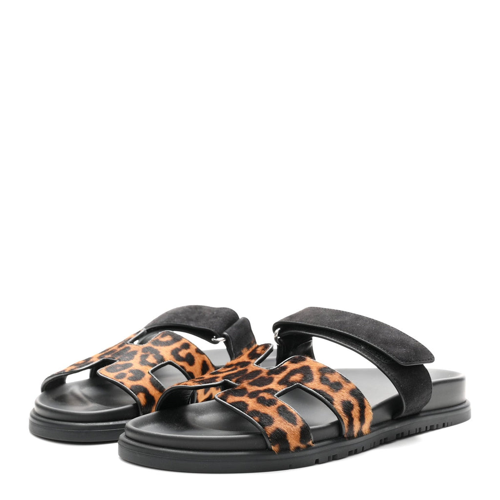 Moire Calfskin Suede Goatskin Womens Leopard Chypre Sandals 40 Gold Black