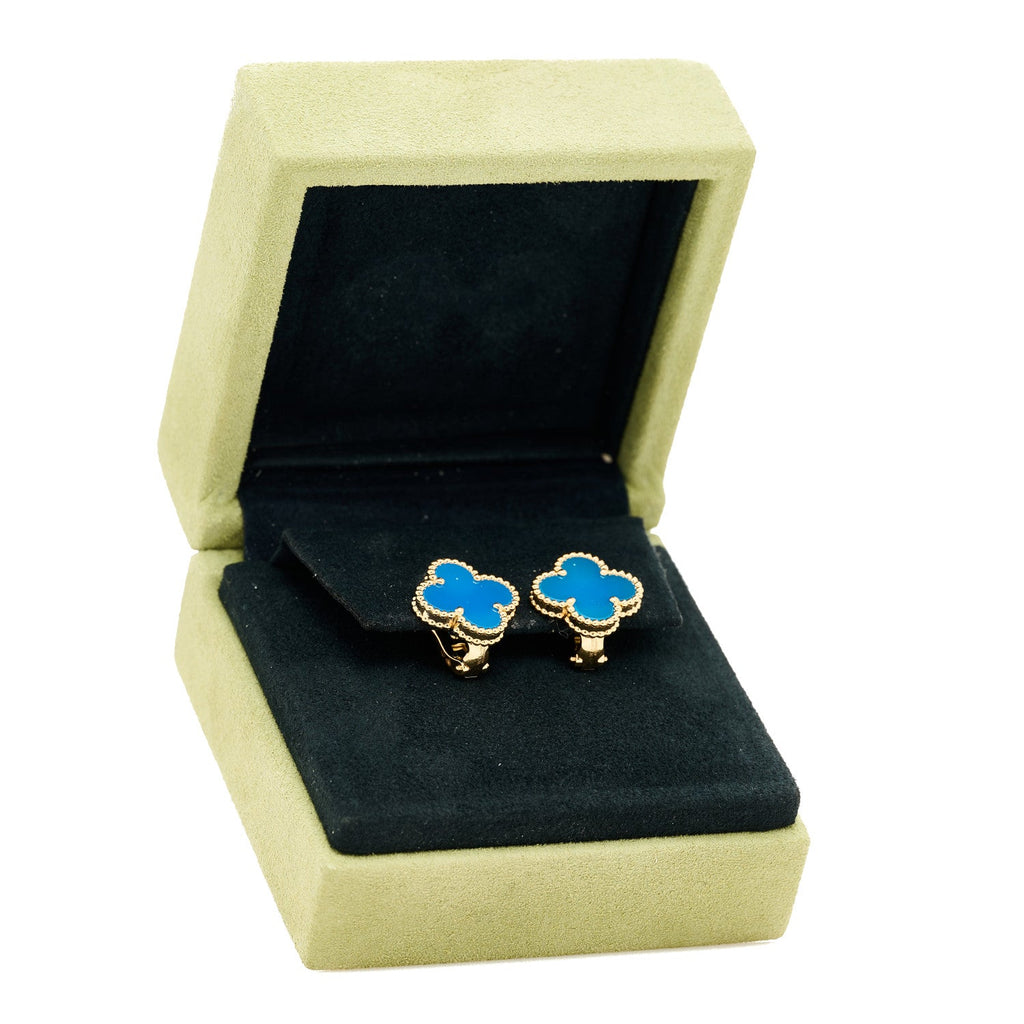 18K Yellow Gold Blue Agate Vintage Alhambra Earrings