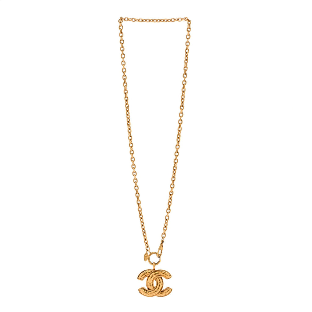 Metal Quilted CC Long Necklace Gold