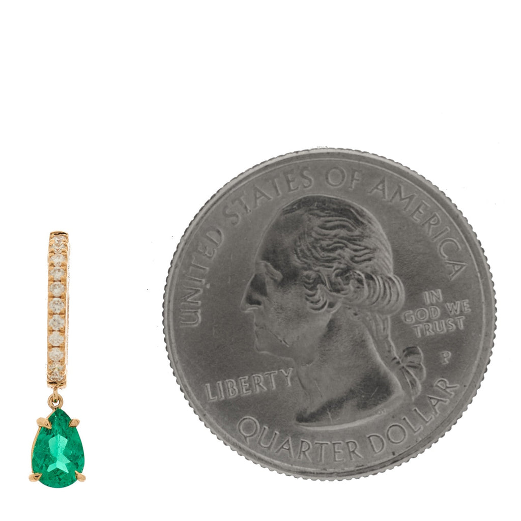 18K Rose Gold Diamond Emerald Pear Drop Huggie Single Earring
