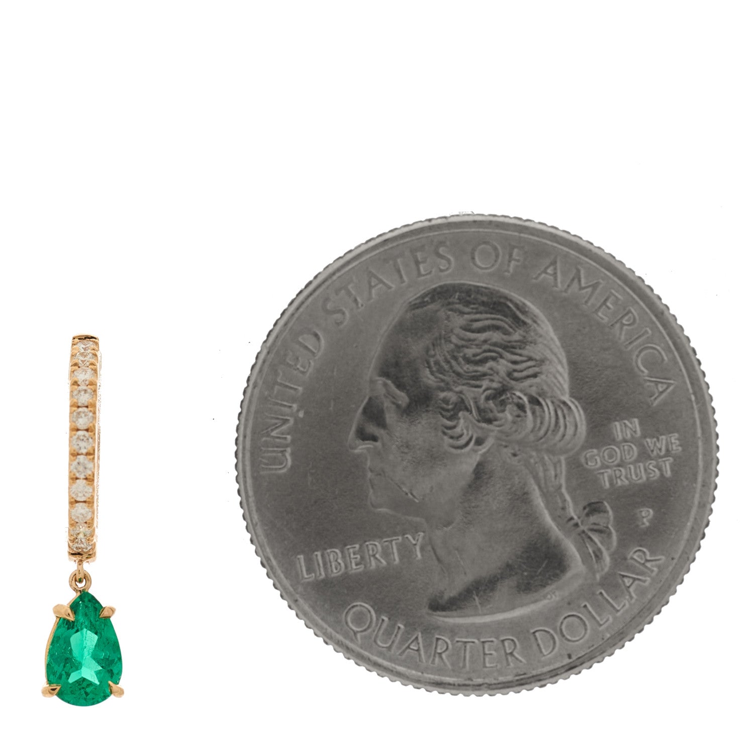 18K Rose Gold Diamond Emerald Pear Drop Huggie Single Earring