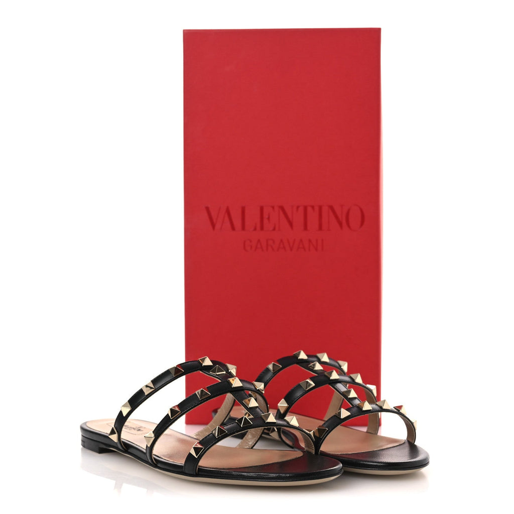 Nappa Rockstud Caged Flat Slide Sandals 37.5 Black