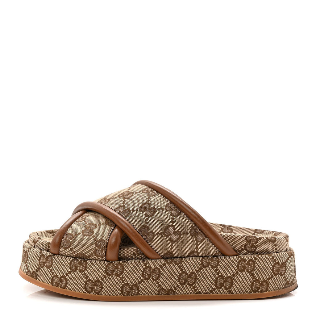 Monogram GG Calfskin Angelina Platform 55mm Slide Sandals 35 Camel Ebony